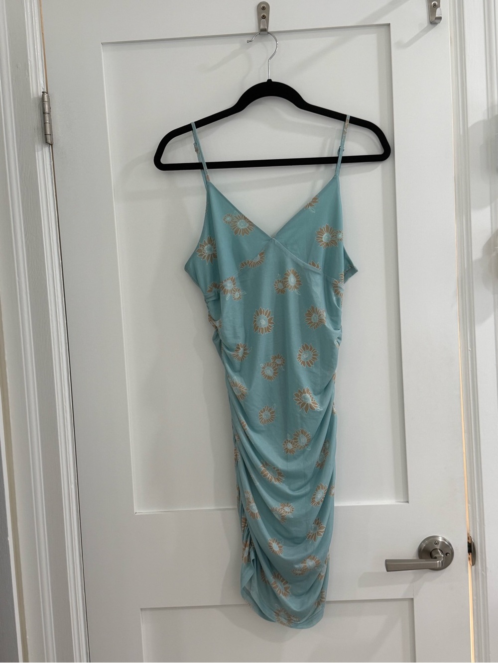 Bp (Nordstrom) light blue Mesh spaghetti strap floral bodycon dress (read)